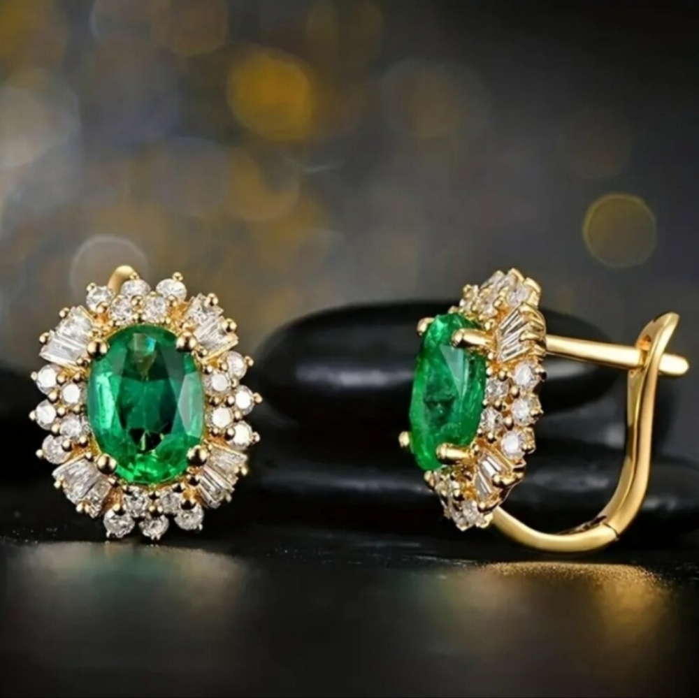 NEW!! 18K Gold Plated Elegant Green Emerald and Diamonds Earrings